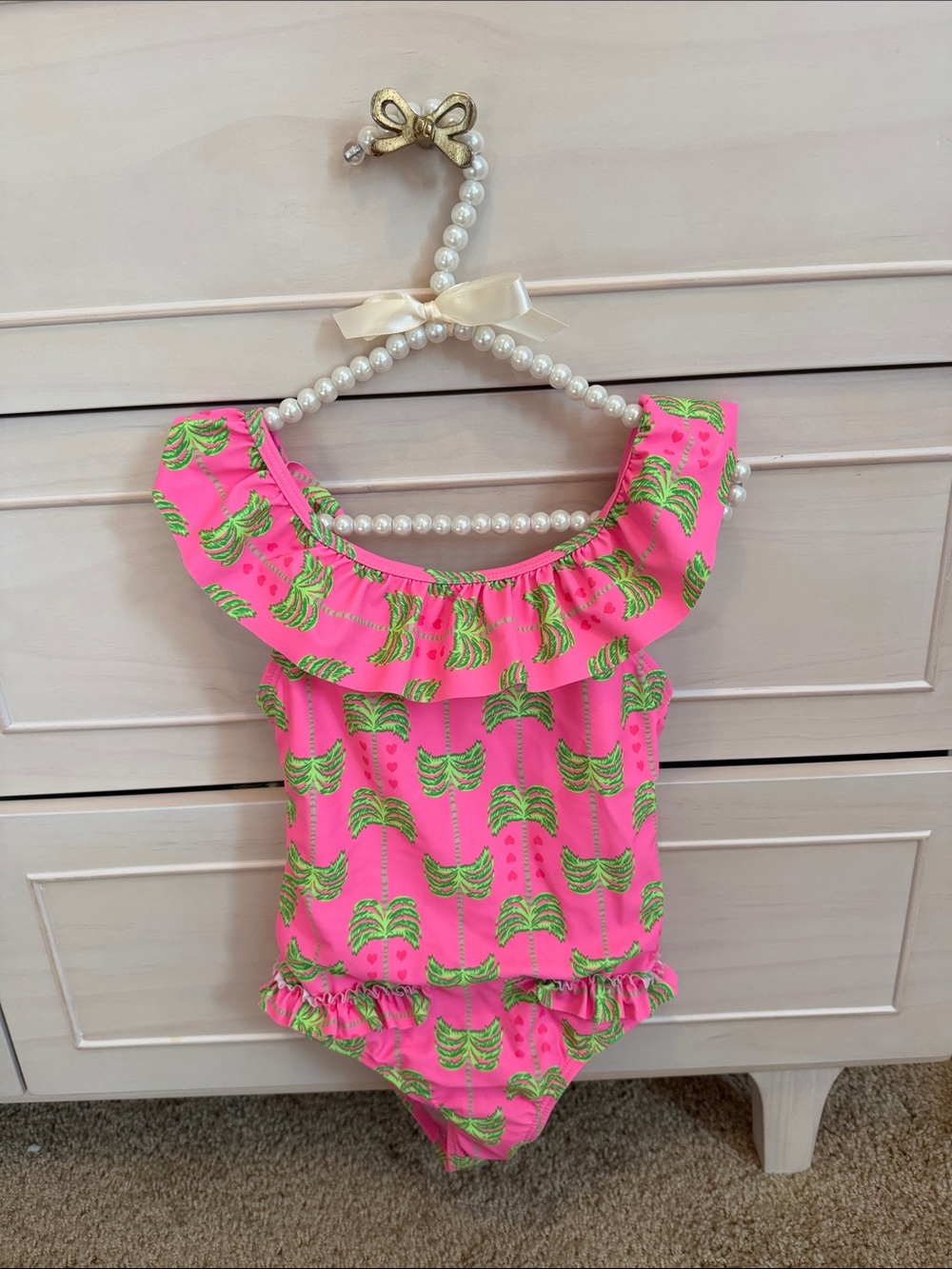 Girls Pink Palm-Print Ruffle One-Piece Swimsuit